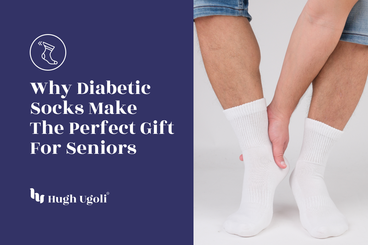 Man wearing white diabetic socks with hands resting on his leg, showing comfort and support.